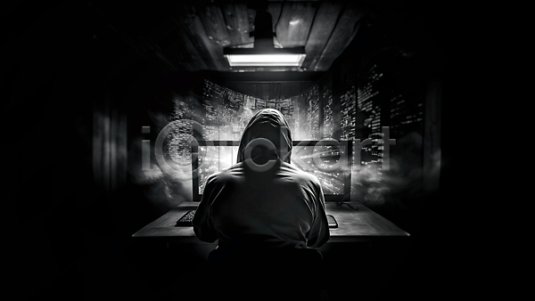 남자 성인 성인남자한명만 한명 JPG 뒷모습 편집이미지 흑백 모니터 보안 사이버 상반신 어둠 컴퓨터 해커 해킹 후드티셔츠