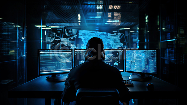 남자 성인 성인남자한명만 한명 JPG 뒷모습 편집이미지 모니터 보안 사이버 상반신 어둠 컴퓨터 파란색 해커 해킹 후드티셔츠