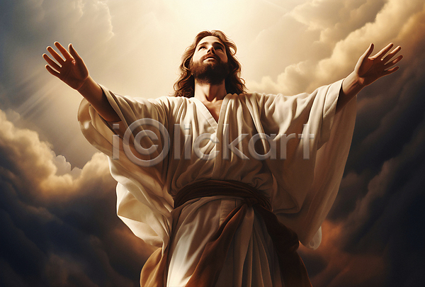 남자 성인 성인남자한명만 한명 JPG 디지털합성 편집이미지 갈색 구름(자연) 기도 기독교 상반신 예수 팔벌리기 햇빛
