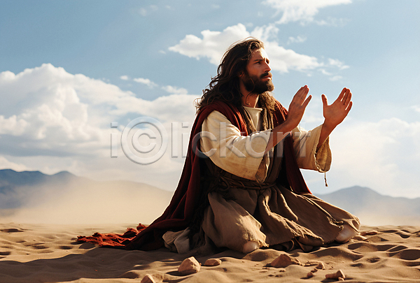 남자 성인 성인남자한명만 한명 JPG 디지털합성 편집이미지 구름(자연) 기도 기독교 무릎꿇기 사막 손들기 예수 전신 조약돌 하늘