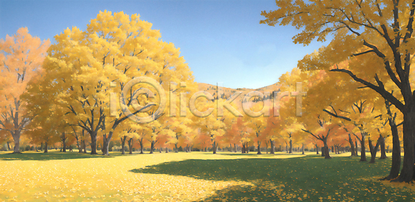 감성 사람없음 JPG 일러스트 가을(계절) 가을풍경 그늘 나무 노란색 산 유화 은행나무 잔디 풍경(경치) 하늘