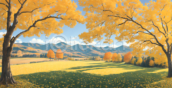 감성 사람없음 JPG 일러스트 가을(계절) 가을풍경 구름(자연) 그늘 노란색 단풍나무 산 유화 은행나무 잔디 풍경(경치) 하늘