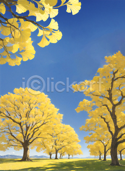 감성 사람없음 JPG 일러스트 가을(계절) 가을풍경 그늘 노란색 맑음 유화 은행나무 은행잎 잔디 풍경(경치) 하늘