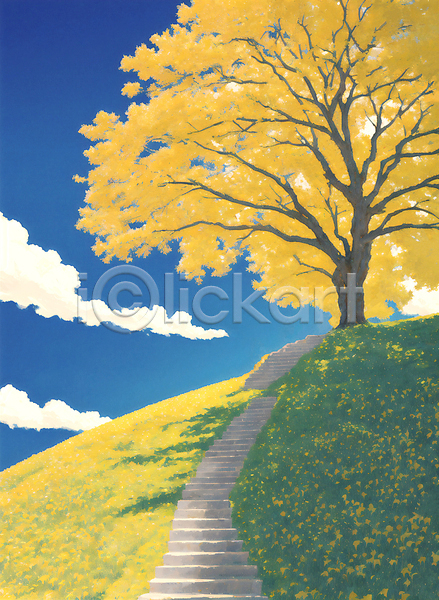 감성 사람없음 JPG 일러스트 가을(계절) 가을풍경 구름(자연) 그늘 노란색 돌계단 맑음 언덕 유화 은행나무 은행잎 잔디 풍경(경치) 하늘