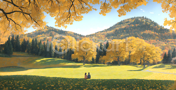 감성 남자 두명 성인 성인만 여자 JPG 일러스트 가을(계절) 가을풍경 구름(자연) 그늘 노란색 산 앉기 유화 은행나무 잔디 전신 커플 풍경(경치) 하늘