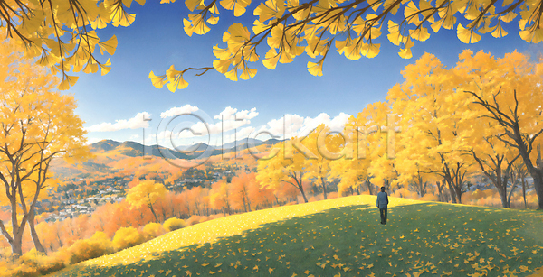 감성 남자 성인 성인남자한명만 한명 JPG 일러스트 가을(계절) 가을풍경 걷기 구름(자연) 그늘 노란색 마을 맑음 산 유화 은행나무 은행잎 잔디 전신 풍경(경치) 하늘