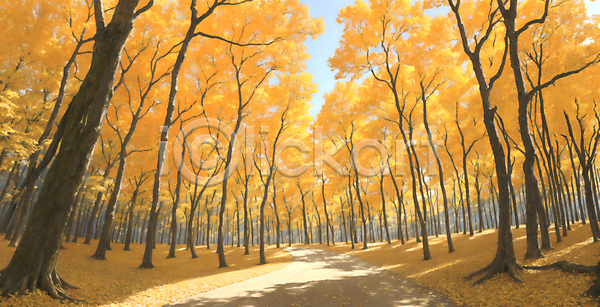 감성 사람없음 JPG 일러스트 가을(계절) 가을풍경 그늘 노란색 산책로 수목원 오솔길 유화 은행나무 풍경(경치)