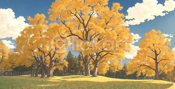 감성 사람없음 JPG 일러스트 가을(계절) 가을풍경 구름(자연) 그늘 나무 노란색 맑음 유화 은행나무 잔디 풍경(경치) 하늘