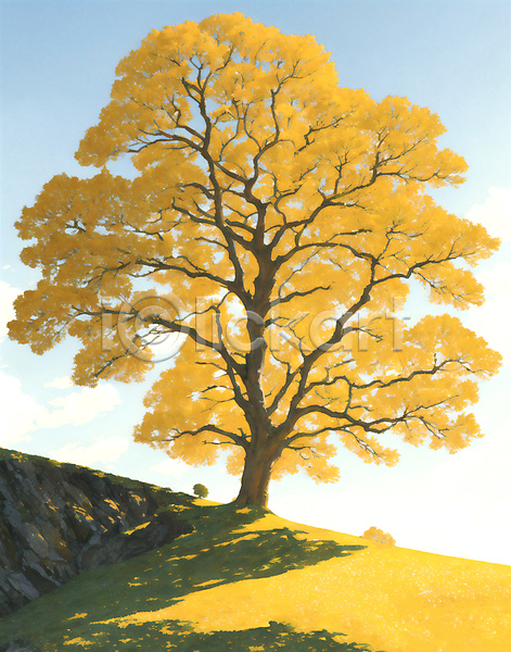 감성 사람없음 JPG 일러스트 가을(계절) 가을풍경 그늘 노란색 언덕 유화 은행나무 잔디 풍경(경치) 하늘 한그루