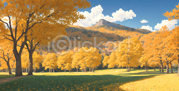 감성 사람없음 JPG 일러스트 가을(계절) 가을풍경 구름(자연) 그늘 노란색 산 유화 은행나무 잔디 풍경(경치) 하늘