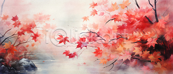 사람없음 JPG 일러스트 가을(계절) 가을풍경 강 단풍 단풍나무 바위(돌) 백그라운드 빨간색 자연