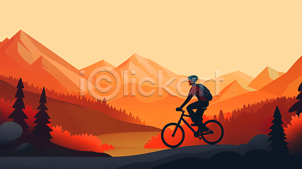남자 성인 성인남자한명만 한명 JPG 일러스트 가을(계절) 나무 단풍 라이딩 레포츠 배낭 산 산악자전거 스포츠 승차 운동 전신 주황색 풍경(경치) 하늘 헬멧