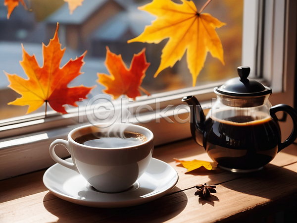 사람없음 JPG 편집이미지 가을(계절) 단풍 연기 창가 창틀 커피잔 커피포트 컵받침 팔각회향 풍경(경치) 한잔