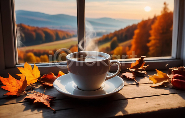 사람없음 JPG 편집이미지 가을(계절) 낙엽 단풍 연기 창가 창틀 커피잔 컵받침 풍경(경치)