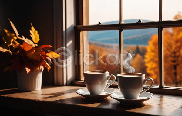 사람없음 JPG 편집이미지 가을(계절) 단풍 두잔 연기 창가 창틀 커피잔 컵받침 풍경(경치)