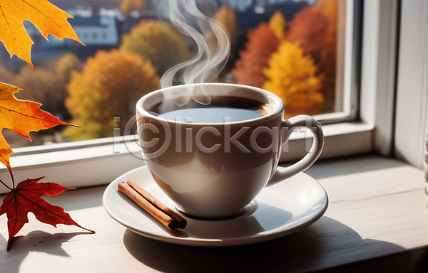사람없음 JPG 편집이미지 가을(계절) 낙엽 단풍 시나몬스틱 연기 창가 창틀 커피잔 컵받침 풍경(경치)