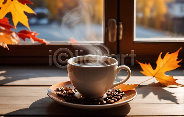 사람없음 JPG 편집이미지 가을(계절) 낙엽 단풍 연기 원두 창가 창틀 커피잔 컵받침 풍경(경치)