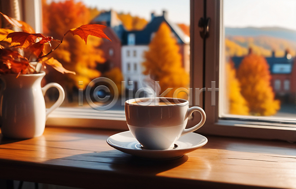 사람없음 JPG 편집이미지 가을(계절) 단풍 연기 창가 창틀 커피잔 컵받침 풍경(경치)