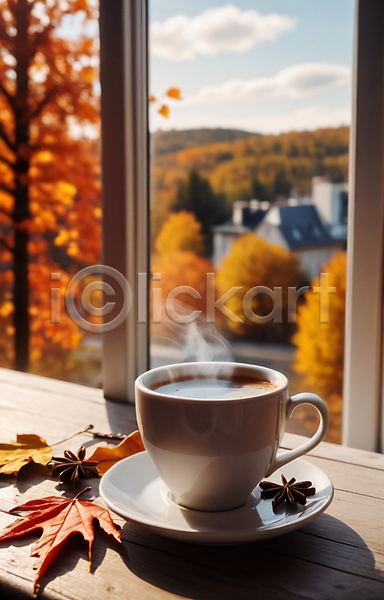 사람없음 JPG 편집이미지 가을(계절) 낙엽 단풍 연기 창가 창틀 커피잔 컵받침 팔각회향 풍경(경치)