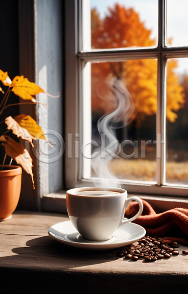 사람없음 JPG 편집이미지 가을(계절) 나뭇잎 단풍 연기 원두 창가 창틀 커피잔 컵받침 풍경(경치) 화분