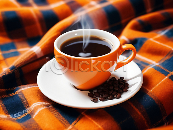 사람없음 JPG 근접촬영 편집이미지 가을(계절) 담요 연기 주황색 체크무늬 커피잔 컵받침 풍경(경치)