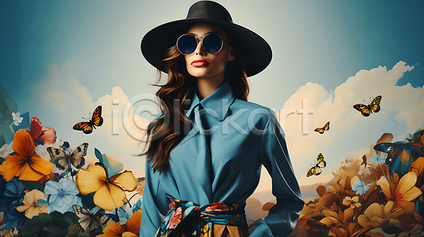 성인 성인여자한명만 여자 한명 JPG 디지털합성 편집이미지 가을(계절) 구름(자연) 꽃 나비 모자(잡화) 상반신 선글라스 하늘