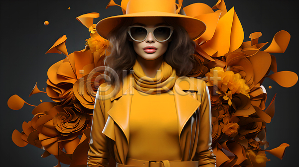 성인 성인여자한명만 여자 한명 JPG 디지털합성 편집이미지 가을(계절) 꽃 노란색 모자(잡화) 상반신 선글라스