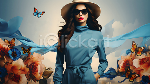 성인 성인여자한명만 여자 한명 JPG 디지털합성 편집이미지 가을(계절) 구름(자연) 꽃 나비 모자(잡화) 상반신 선글라스 주머니손 하늘 하늘색