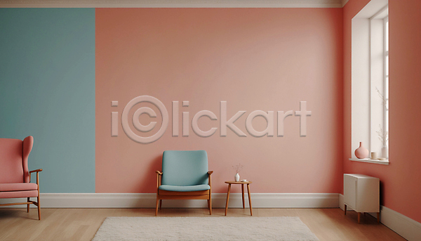 사람없음 JPG 디지털합성 편집이미지 공간 미니멀 분홍색 서랍장 소파 실내 인테리어 창문 카펫 탁자 파스텔톤