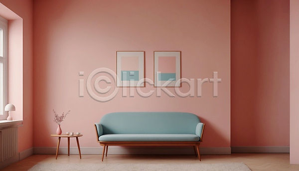 사람없음 JPG 디지털합성 편집이미지 공간 미니멀 분홍색 소파 실내 액자 인테리어 창문 카펫 탁자 파스텔톤 화분