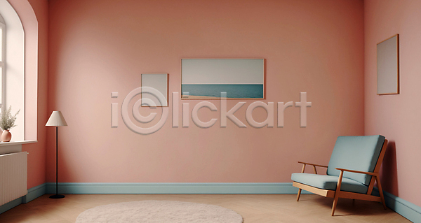 사람없음 JPG 디지털합성 편집이미지 공간 미니멀 분홍색 소파 스탠드 실내 액자 인테리어 창문 카펫 파스텔톤 화분
