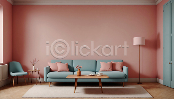 사람없음 JPG 디지털합성 편집이미지 공간 문 미니멀 분홍색 소파 스탠드 실내 인테리어 카펫 쿠션 탁자 파스텔톤 화분