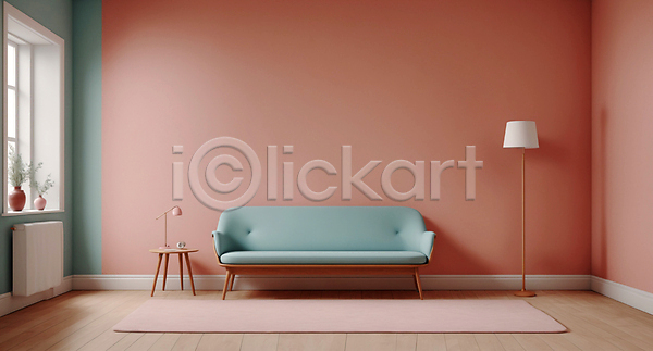 사람없음 JPG 디지털합성 편집이미지 공간 미니멀 분홍색 소파 스탠드 실내 인테리어 창문 카펫 탁자 파스텔톤 하늘색 화분