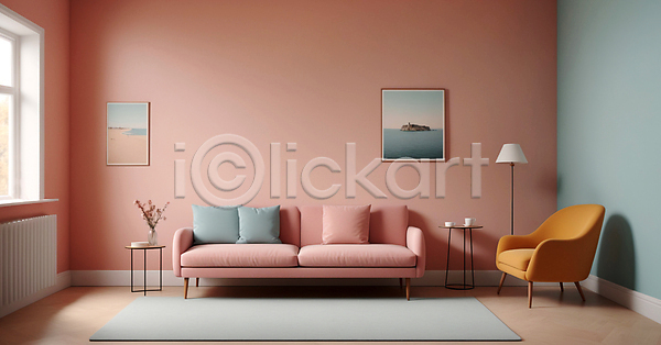 사람없음 JPG 디지털합성 편집이미지 공간 미니멀 분홍색 소파 스탠드 실내 액자 인테리어 창문 카펫 쿠션 탁자 파스텔톤