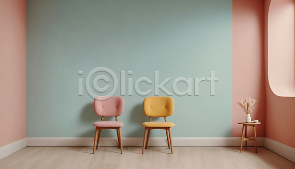 사람없음 JPG 디지털합성 편집이미지 공간 미니멀 분홍색 실내 의자 인테리어 탁자 파스텔톤 하늘색 화분