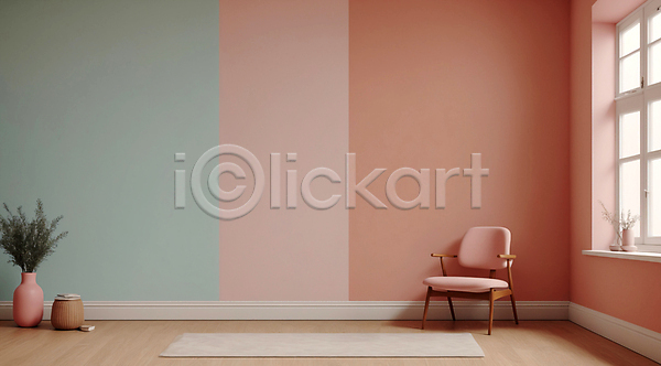 사람없음 JPG 디지털합성 편집이미지 공간 미니멀 분홍색 실내 의자 인테리어 창문 카펫 파스텔톤 화분