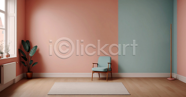사람없음 JPG 디지털합성 편집이미지 공간 미니멀 분홍색 실내 의자 인테리어 창문 카펫 파스텔톤 화분