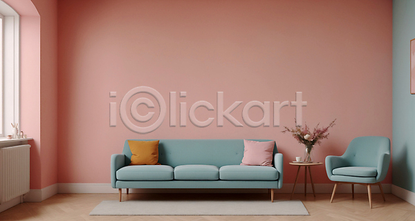 사람없음 JPG 디지털합성 편집이미지 공간 미니멀 분홍색 소파 실내 인테리어 창문 카펫 쿠션 탁자 파스텔톤 하늘색 화분