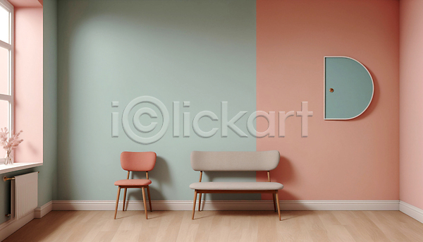 사람없음 JPG 디지털합성 편집이미지 D 공간 미니멀 분홍색 실내 의자 인테리어 창문 파스텔톤 하늘색