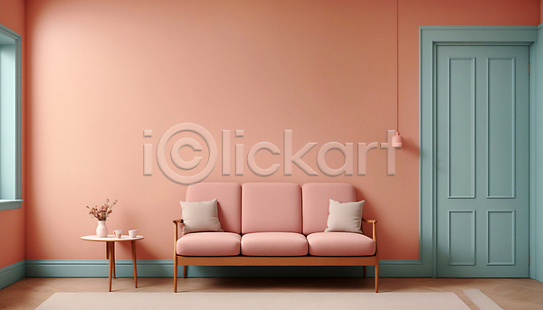 사람없음 JPG 디지털합성 편집이미지 공간 문 미니멀 분홍색 소파 실내 인테리어 쿠션 탁자 파스텔톤 화분