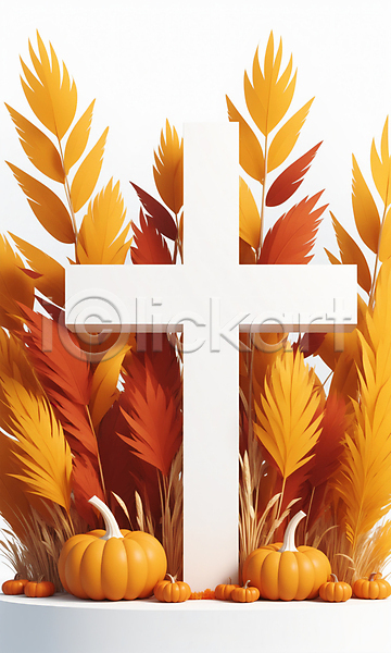 사람없음 3D JPG 편집이미지 가을(계절) 나뭇잎 단풍 십자가 주황색 추수감사절 호박