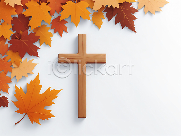 사람없음 3D JPG 편집이미지 가을(계절) 나뭇잎 단풍 십자가 추수감사절