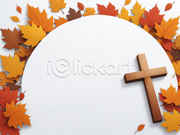 사람없음 3D JPG 편집이미지 가을(계절) 나뭇잎 단풍 십자가 원형 추수감사절 카피스페이스 프레임