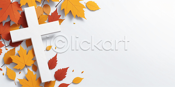 사람없음 3D JPG 편집이미지 가을(계절) 나뭇잎 단풍 배너 십자가 추수감사절 카피스페이스 흰색