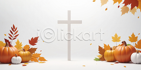 사람없음 3D JPG 편집이미지 가을(계절) 나뭇잎 단풍 배너 십자가 추수감사절 호박