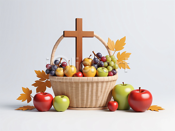 사람없음 3D JPG 편집이미지 가을(계절) 나뭇잎 단풍 바구니 배(과일) 사과 십자가 오브젝트 청사과 추수감사절 포도