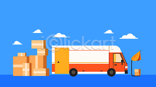 사람없음 JPG 일러스트 거치대 구름(자연) 배송 쌓기 운송업 종이상자 탑차 택배 택배상자 파란색 화물
