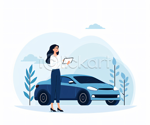 성인 성인여자한명만 여자 한명 JPG 일러스트 구름(자연) 금융 들기 보험설계사 비즈니스우먼 자동차 자동차보험 전신 태블릿 파란색 풀(식물)