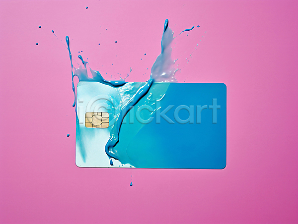 사람없음 JPG 디지털합성 편집이미지 금융 마그네틱 목업 물 분홍색 신용카드 카드 튀는물 페인트 하늘색