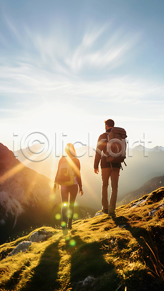남자 두명 성인 성인만 여자 JPG 편집이미지 가을(계절) 등산 등산객 배낭 산 전신 하늘 하이킹 햇빛